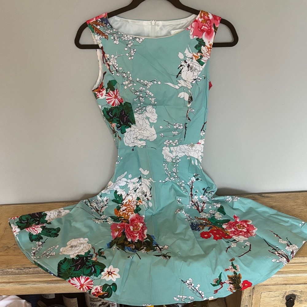 Elegant Floral Midi Dress in Teal and Pink